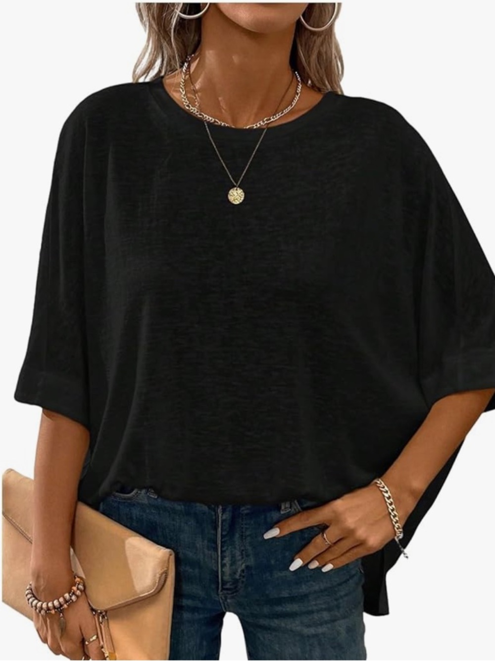 Black Dolman Crewneck T Shirts Casual Solid Loose Oversized Tee Top New M-XL